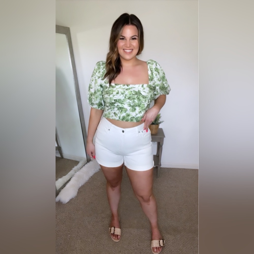 Abercrombie & Fitch Green White Floral Puff-Sleeve Crop Top